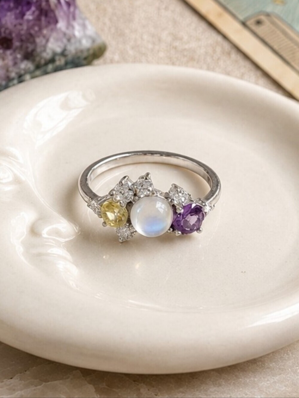 925 Sterling Silver Genuine Moonstone Celestial Multi Stone Cluster Ring Size 8